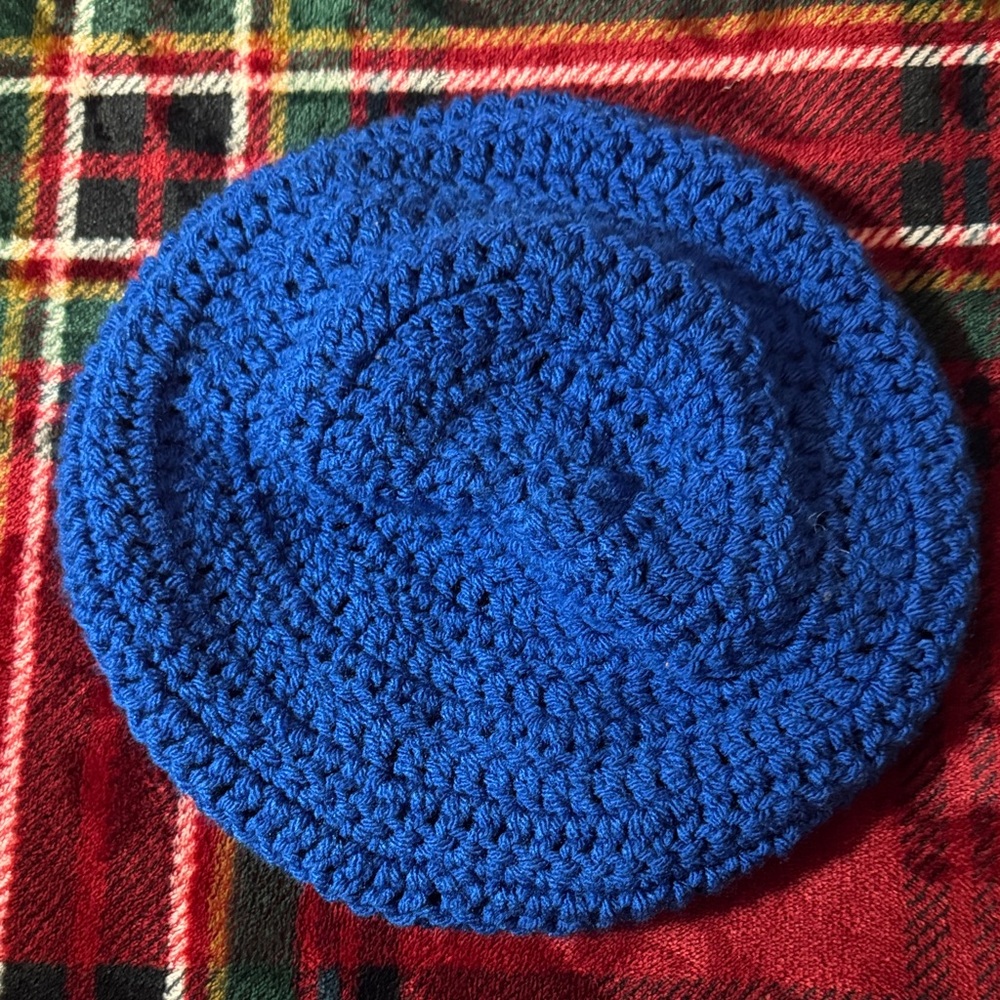 Handmade Royal Blue Adult Knit Crochet Beret Hat OS